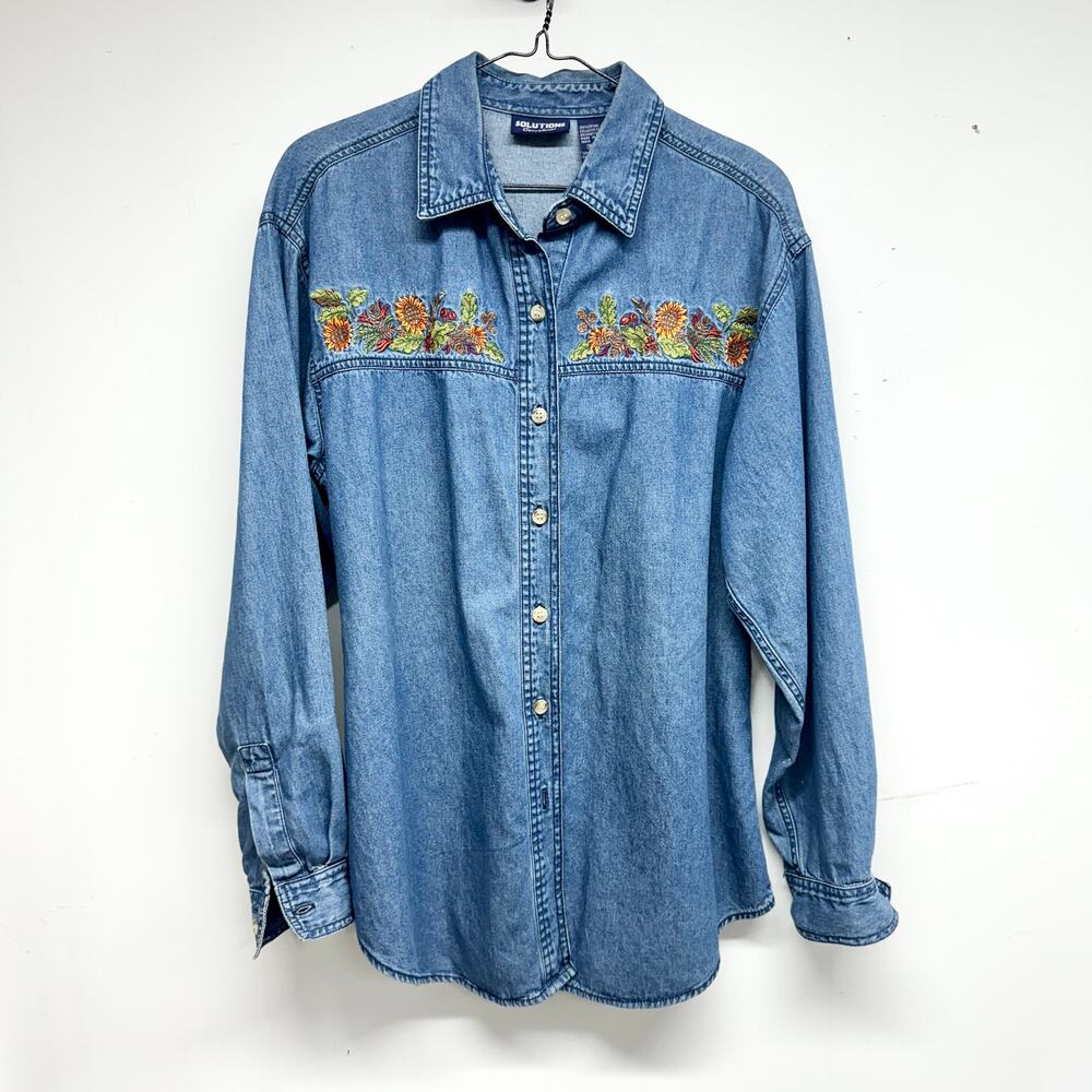 Vintage 90s Solutions Denim Floral Embroidered Long Sleeve Button Up Top Size M - Picture 1 of 3